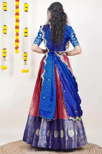 Beautiful South Indian Style Semi-Stitched Half Saree with Embroidered Blouse and Rangoli Dupatta for Women