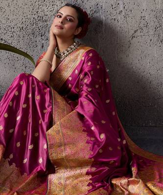 rani pink luxury makhmal satin silk blend saree with authentic meenakari work & rich pallu  mirraw 5