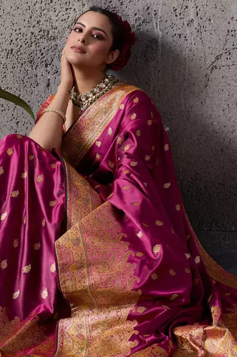 rani pink luxury makhmal satin silk blend saree with authentic meenakari work & rich pallu  mirraw
