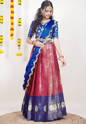 Beautiful South Indian Style Semi-Stitched Half Saree with Embroidered Blouse and Rangoli Dupatta for Women 3