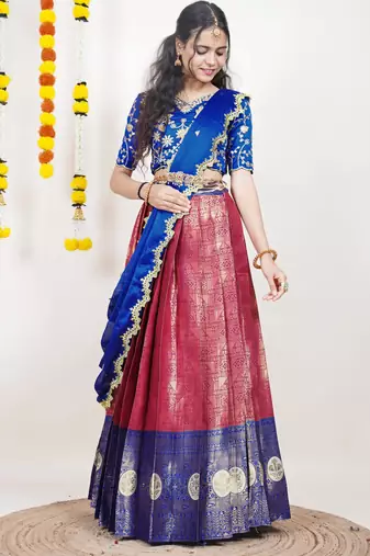Beautiful South Indian Style Semi-Stitched Half Saree with Embroidered Blouse and Rangoli Dupatta for Women