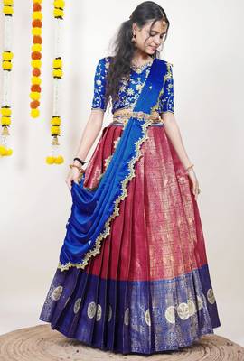 Beautiful South Indian Style Semi-Stitched Half Saree with Embroidered Blouse and Rangoli Dupatta for Women 4