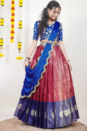 Beautiful South Indian Style Semi-Stitched Half Saree with Embroidered Blouse and Rangoli Dupatta for Women