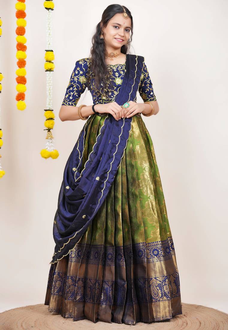 Beautiful South Indian Style Semi-Stitched Half Saree with Embroidered Blouse and Rangoli Dupatta for Women