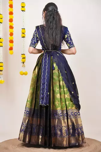 Beautiful South Indian Style Semi-Stitched Half Saree with Embroidered Blouse and Rangoli Dupatta for Women