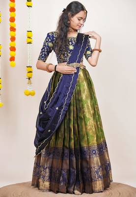 Beautiful South Indian Style Semi-Stitched Half Saree with Embroidered Blouse and Rangoli Dupatta for Women 3