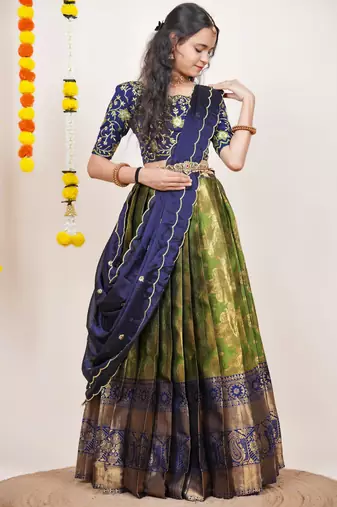 Beautiful South Indian Style Semi-Stitched Half Saree with Embroidered Blouse and Rangoli Dupatta for Women