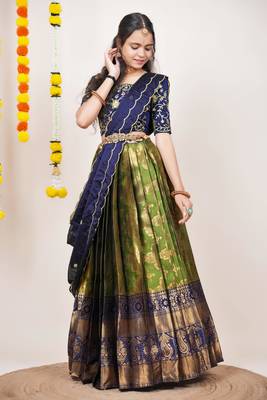 Beautiful South Indian Style Semi-Stitched Half Saree with Embroidered Blouse and Rangoli Dupatta for Women 4