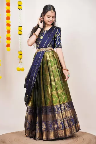 Beautiful South Indian Style Semi-Stitched Half Saree with Embroidered Blouse and Rangoli Dupatta for Women