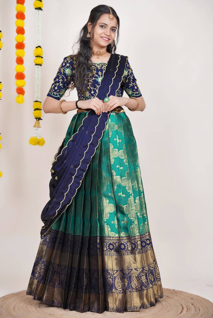 Beautiful South Indian Style Semi-Stitched Half Saree with Embroidered Blouse and Rangoli Dupatta for Women