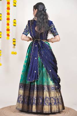 Beautiful South Indian Style Semi-Stitched Half Saree with Embroidered Blouse and Rangoli Dupatta for Women 2