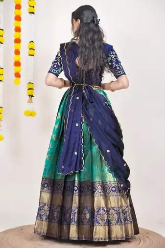 Beautiful South Indian Style Semi-Stitched Half Saree with Embroidered Blouse and Rangoli Dupatta for Women