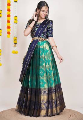 Beautiful South Indian Style Semi-Stitched Half Saree with Embroidered Blouse and Rangoli Dupatta for Women 3