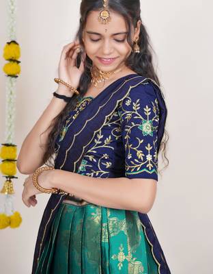 Beautiful South Indian Style Semi-Stitched Half Saree with Embroidered Blouse and Rangoli Dupatta for Women 4