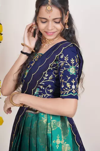 Beautiful South Indian Style Semi-Stitched Half Saree with Embroidered Blouse and Rangoli Dupatta for Women