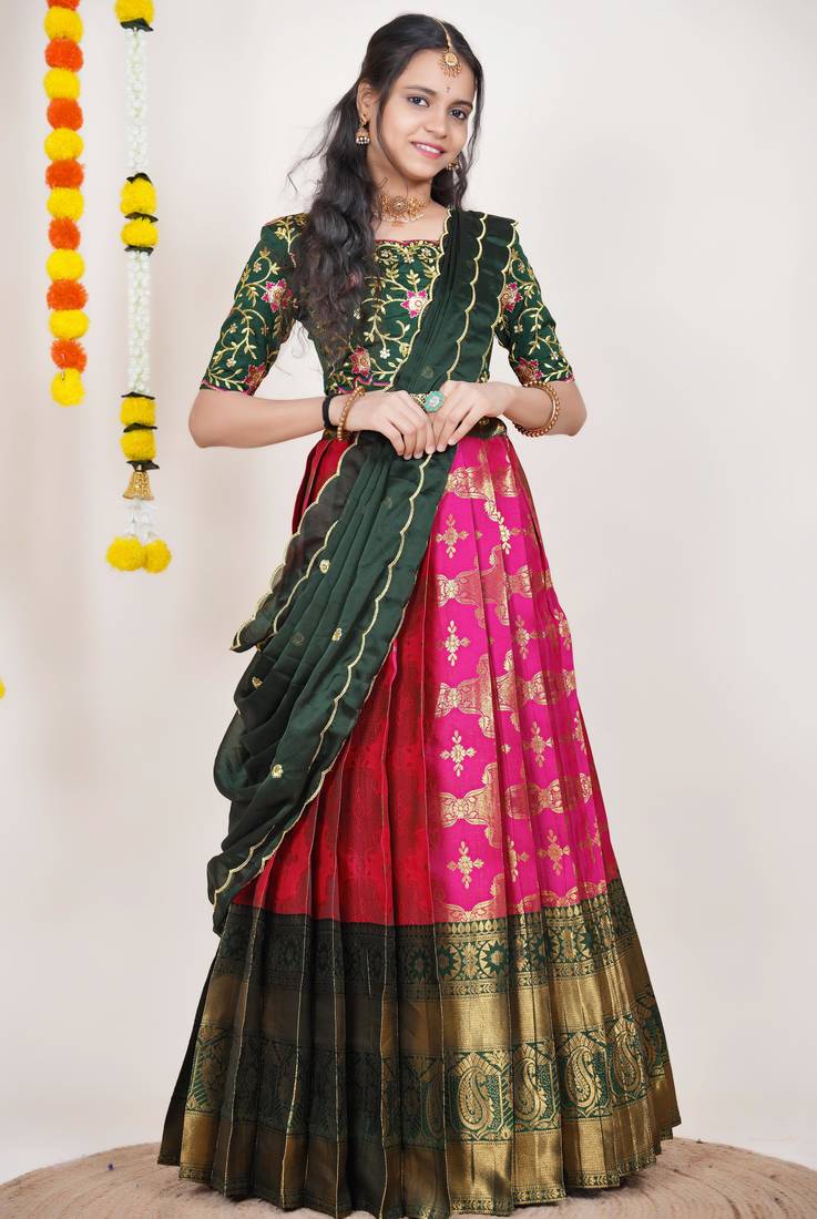 Beautiful South Indian Style Semi-Stitched Half Saree with Embroidered Blouse and Rangoli Dupatta for Women