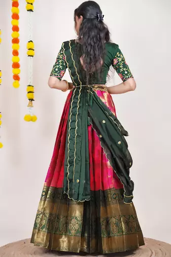 Beautiful South Indian Style Semi-Stitched Half Saree with Embroidered Blouse and Rangoli Dupatta for Women