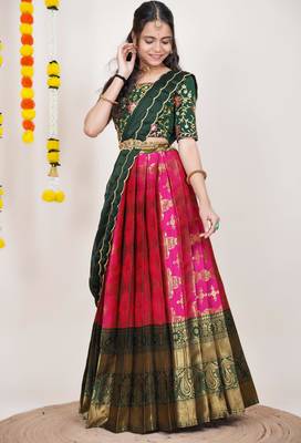 Beautiful South Indian Style Semi-Stitched Half Saree with Embroidered Blouse and Rangoli Dupatta for Women 3