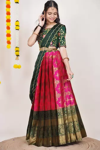 Beautiful South Indian Style Semi-Stitched Half Saree with Embroidered Blouse and Rangoli Dupatta for Women