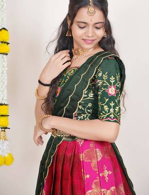 Beautiful South Indian Style Semi-Stitched Half Saree with Embroidered Blouse and Rangoli Dupatta for Women 4