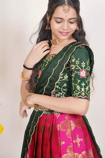 Beautiful South Indian Style Semi-Stitched Half Saree with Embroidered Blouse and Rangoli Dupatta for Women