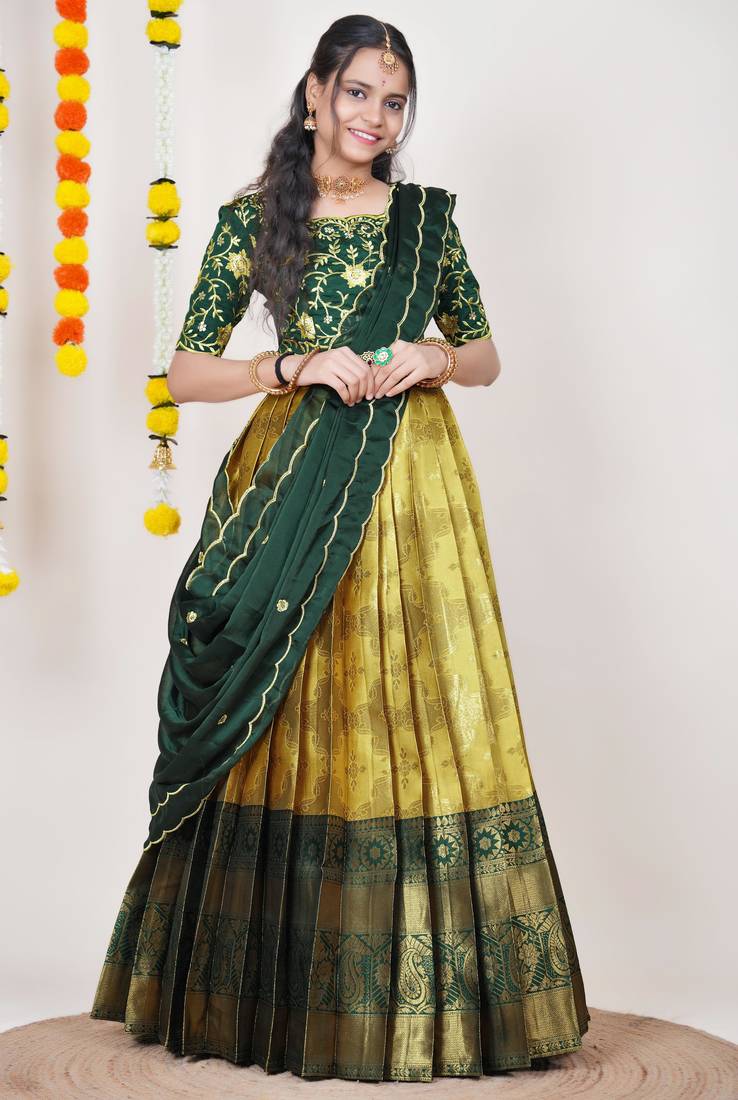 Beautiful South Indian Style Semi-Stitched Half Saree with Embroidered Blouse and Rangoli Dupatta for Women