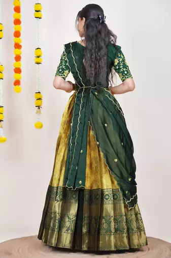 Beautiful South Indian Style Semi-Stitched Half Saree with Embroidered Blouse and Rangoli Dupatta for Women