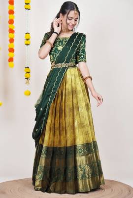 Beautiful South Indian Style Semi-Stitched Half Saree with Embroidered Blouse and Rangoli Dupatta for Women 3