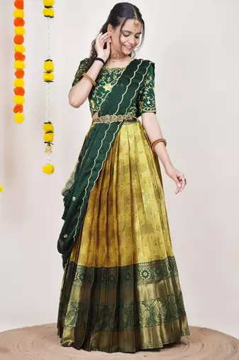 Beautiful South Indian Style Semi-Stitched Half Saree with Embroidered Blouse and Rangoli Dupatta for Women