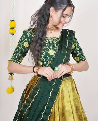 Beautiful South Indian Style Semi-Stitched Half Saree with Embroidered Blouse and Rangoli Dupatta for Women 4