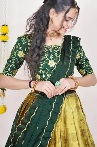 Beautiful South Indian Style Semi-Stitched Half Saree with Embroidered Blouse and Rangoli Dupatta for Women