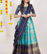 Beautiful South Indian Style Semi-Stitched Half Saree with Embroidered Blouse and Rangoli Dupatta for Women