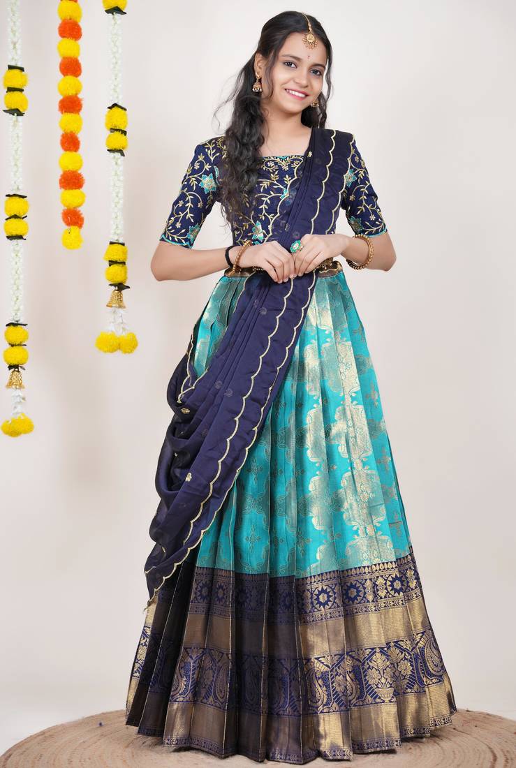 Beautiful South Indian Style Semi-Stitched Half Saree with Embroidered Blouse and Rangoli Dupatta for Women