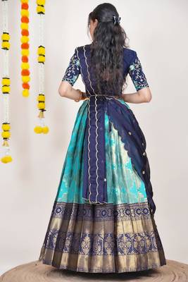 Beautiful South Indian Style Semi-Stitched Half Saree with Embroidered Blouse and Rangoli Dupatta for Women 2