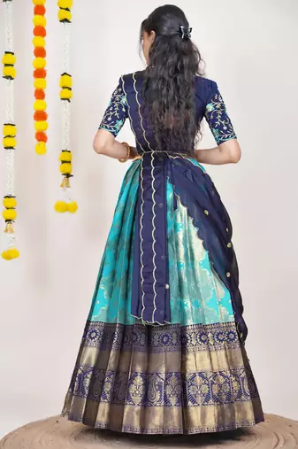 Beautiful South Indian Style Semi-Stitched Half Saree with Embroidered Blouse and Rangoli Dupatta for Women