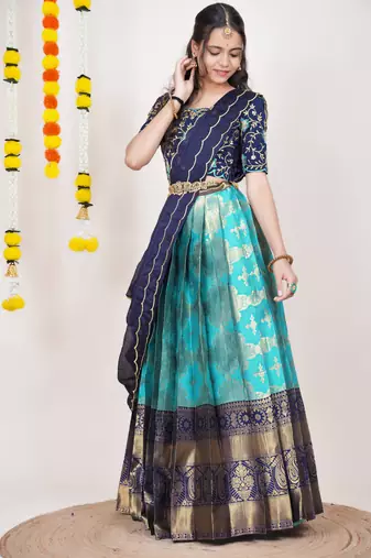 Beautiful South Indian Style Semi-Stitched Half Saree with Embroidered Blouse and Rangoli Dupatta for Women