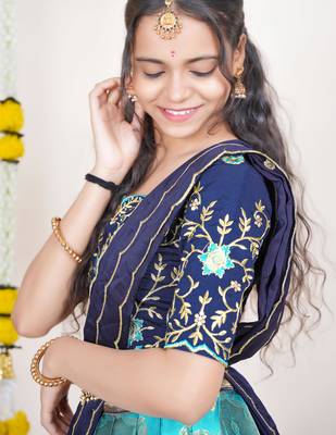 Beautiful South Indian Style Semi-Stitched Half Saree with Embroidered Blouse and Rangoli Dupatta for Women 4