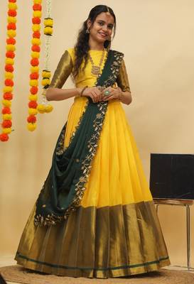 Beautiful South Indian Style Semi-Stitched Half Saree with Blouse and Rangoli Dupatta for Women 1