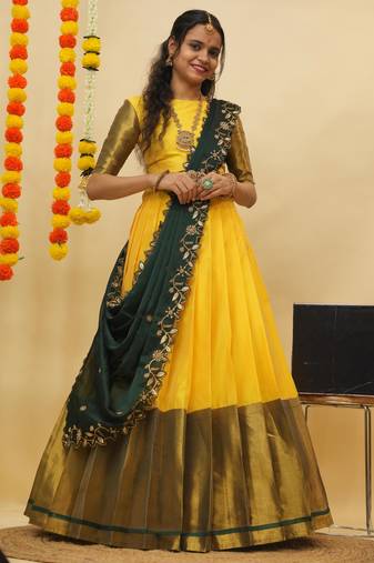 Beautiful South Indian Style Semi-Stitched Half Saree with Blouse and Rangoli Dupatta for Women