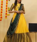 Beautiful South Indian Style Semi-Stitched Half Saree with Blouse and Rangoli Dupatta for Women