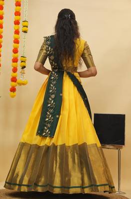 Beautiful South Indian Style Semi-Stitched Half Saree with Blouse and Rangoli Dupatta for Women 2