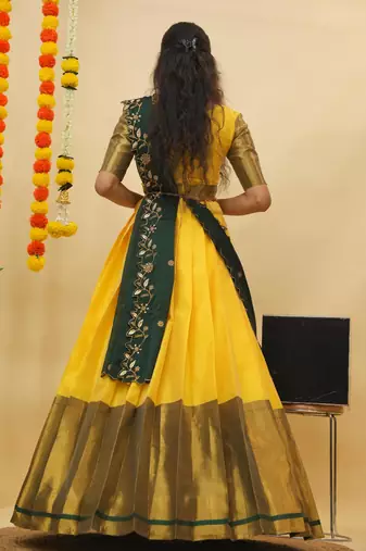 Beautiful South Indian Style Semi-Stitched Half Saree with Blouse and Rangoli Dupatta for Women