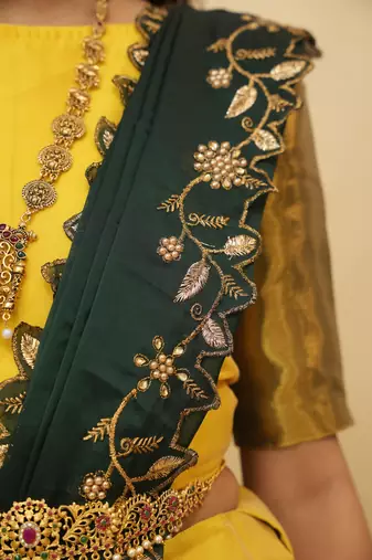 Beautiful South Indian Style Semi-Stitched Half Saree with Blouse and Rangoli Dupatta for Women