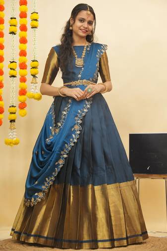 Beautiful South Indian Style Semi-Stitched Half Saree with Blouse and Rangoli Dupatta for Women