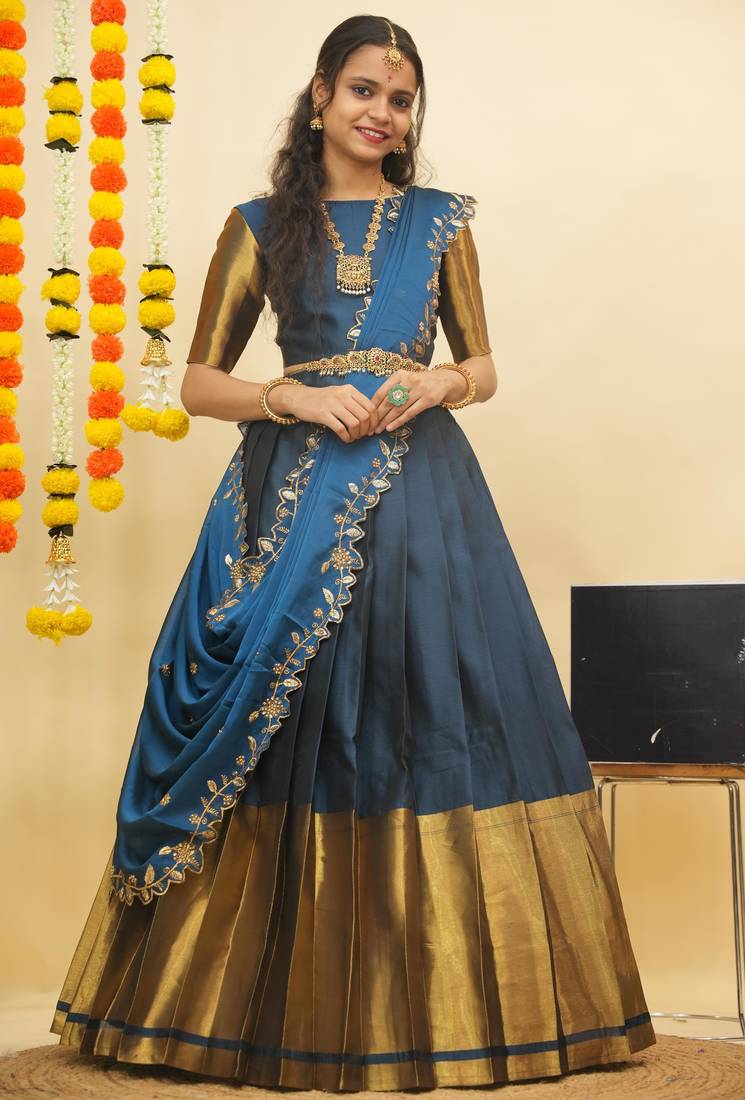 Beautiful South Indian Style Semi-Stitched Half Saree with Blouse and Rangoli Dupatta for Women