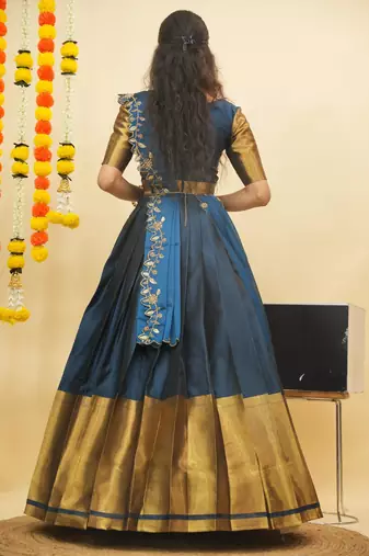 Beautiful South Indian Style Semi-Stitched Half Saree with Blouse and Rangoli Dupatta for Women