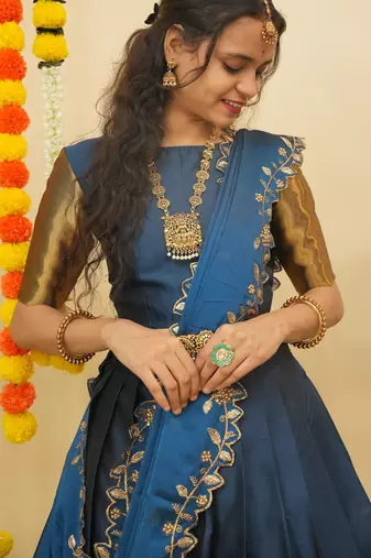 Beautiful South Indian Style Semi-Stitched Half Saree with Blouse and Rangoli Dupatta for Women