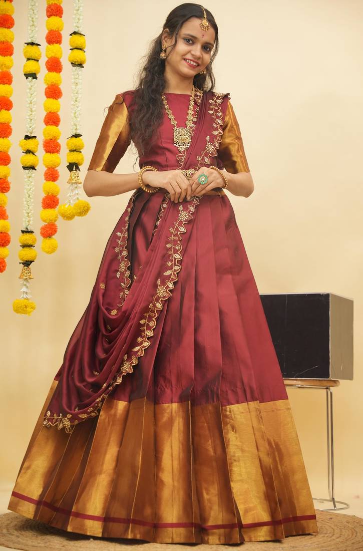Beautiful South Indian Style Semi-Stitched Half Saree with Blouse and Rangoli Dupatta for Women