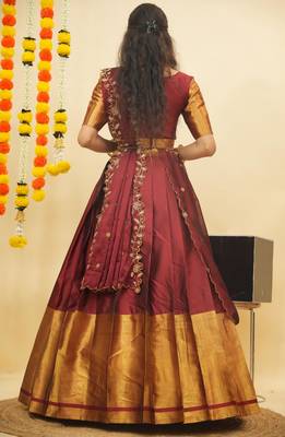 Beautiful South Indian Style Semi-Stitched Half Saree with Blouse and Rangoli Dupatta for Women 2