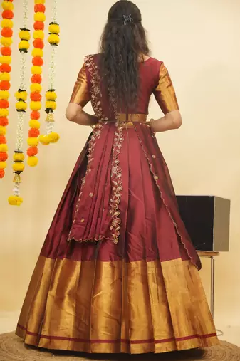 Beautiful South Indian Style Semi-Stitched Half Saree with Blouse and Rangoli Dupatta for Women